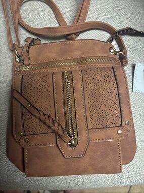 Tan Laser-Cut Braided Accent Crossbody Bag